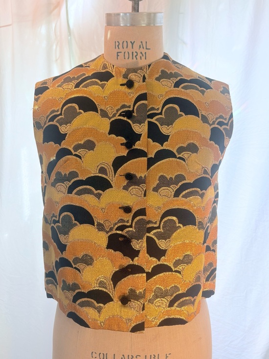 Jackets & Blazers - Vintage Brocade Sleeveless Vest in Gold and Black Metallic with Frog Closures